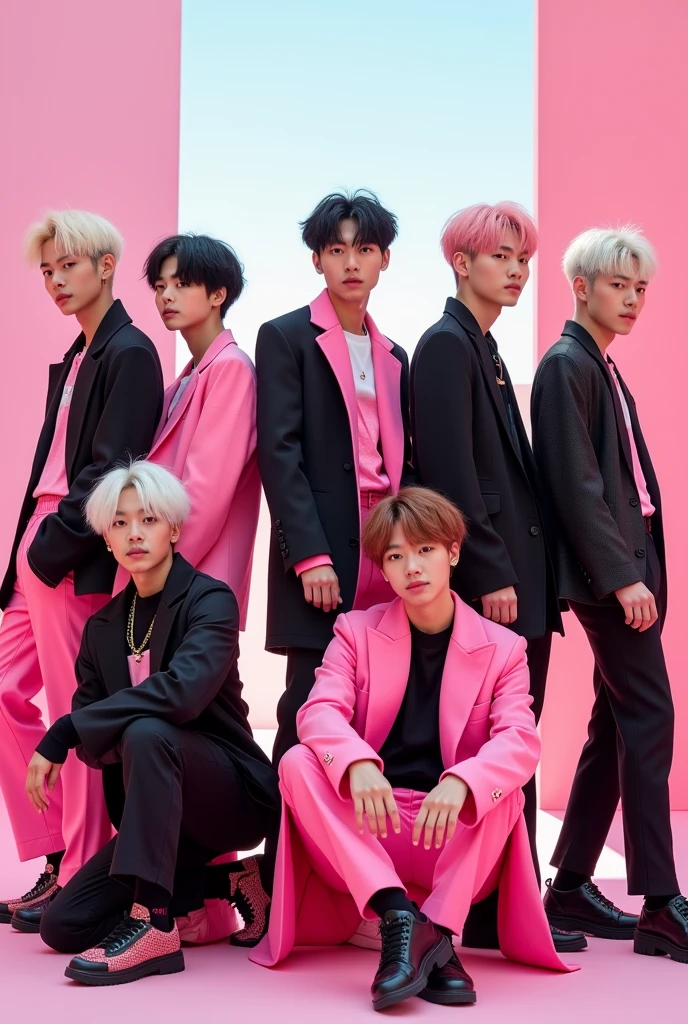 A kpop boygroup with 8 members, with pink and black clothes and a simple background. With 8 members: one with long white hair, one with half black half white hair, one with baby pink hair