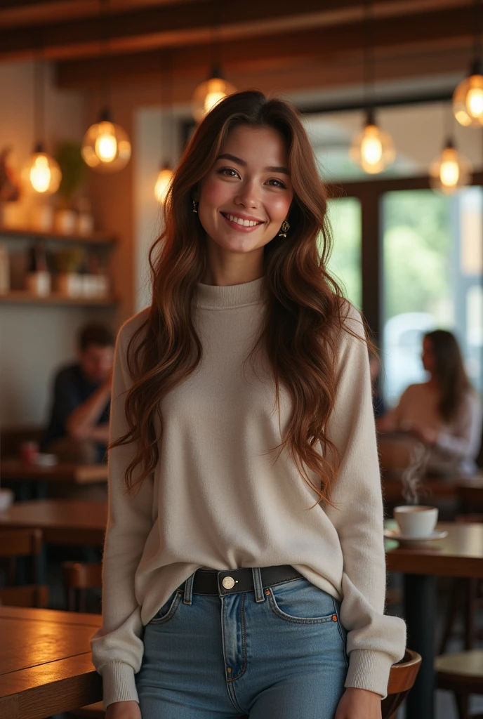 The face of a beautiful young woman standing smiling in a cafe.