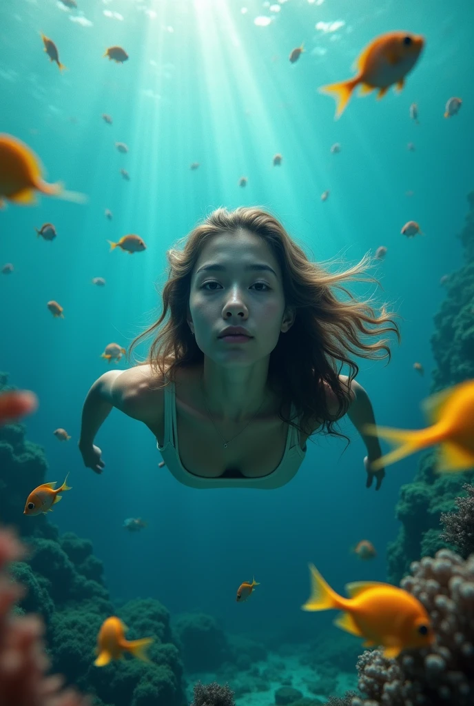  "I am an ,I am diving at the bottom of the sea and looking at the camera, surrounded by beautiful fish."






More human look and long hair

Full picture 