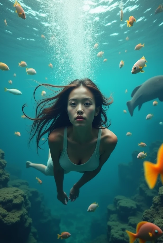 "I am an ,I am diving at the bottom of the sea and looking at the camera, surrounded by beautiful fish."
More human look and long hair
Full picture