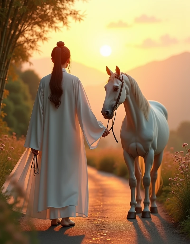 a personable gentleman,Aged between 20 and 2,Inspired by Chinese TV series《Lotus Tower》Li Lianhua in,Deep love for women hidden in my heart,But never said it。He has been silently by her side for many years,Dressed in white,Holding a white horse in hand,Show elegance and calmness。in the screen,The man walks slowly towards the camera,And far behind him,The woman still has her back to him,Look into the distance,Lost in thought。The man approaches the camera while,His expression showed a hint of helplessness and relief,Finally choose to leave,Because he understands that the woman's deep love is still waiting for that old friend。He knows that he has no destiny in this life,Only the next life will continue。
The background is set on a quiet mountain road,The afterglow of the setting sun dyes the entire scene with golden light and shadow。The light is real and warm,The mountains in the distance and the remaining clouds on the horizon look and beautiful。The path is lined with low bamboo forests and scattered wild flowers.,blowing with the evening wind,The texture and real details of bamboo leaves and wildflowers are clearly visible。The entire screen presents unparalleled resolution,Details remain clear and realistic even when zoomed in,Make this image look great on the big screen or up close,All display stunning picture quality。
The background and atmosphere should reflect his quiet guardianship and silent farewell。