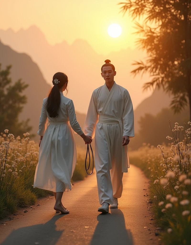 a personable gentleman,Aged between 20 and 2,Inspired by Chinese TV series《Lotus Tower》Li Lianhua in,Deep love for women hidden in my heart,But never said it。He has been silently by her side for many years,Dressed in white,Holding a white horse in hand,Show elegance and calmness。in the screen,The man walks slowly towards the camera,And far behind him,The woman still has her back to him,Look into the distance,Lost in thought。The man approaches the camera while,His expression showed a hint of helplessness and relief,Finally choose to leave,Because he understands that the woman's deep love is still waiting for that old friend。He knows that he has no destiny in this life,Only the next life will continue。
The background is set on a quiet mountain road,The afterglow of the setting sun dyes the entire scene with golden light and shadow。The light is real and warm,The mountains in the distance and the remaining clouds on the horizon look and beautiful。The path is lined with low bamboo forests and scattered wild flowers.,blowing with the evening wind,The texture and real details of bamboo leaves and wildflowers are clearly visible。The entire screen presents unparalleled resolution,Details remain clear and realistic even when zoomed in,Make this image look great on the big screen or up close,All display stunning picture quality。
The background and atmosphere should reflect his quiet guardianship and silent farewell。