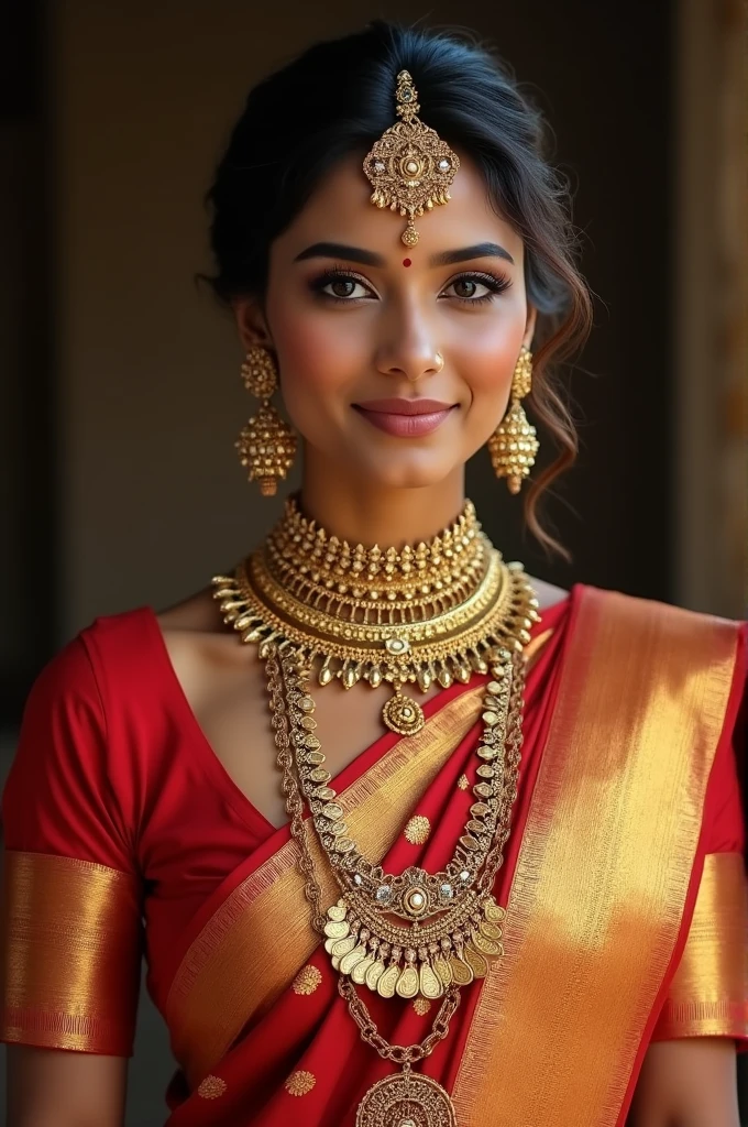 Tan skin tamil bride in extremely grand kanchipuram saree with diamond face, flat cheekbone, defined jawline, almond eyes, round eyebrows and slightly blunt nose. Add coin jewellery.