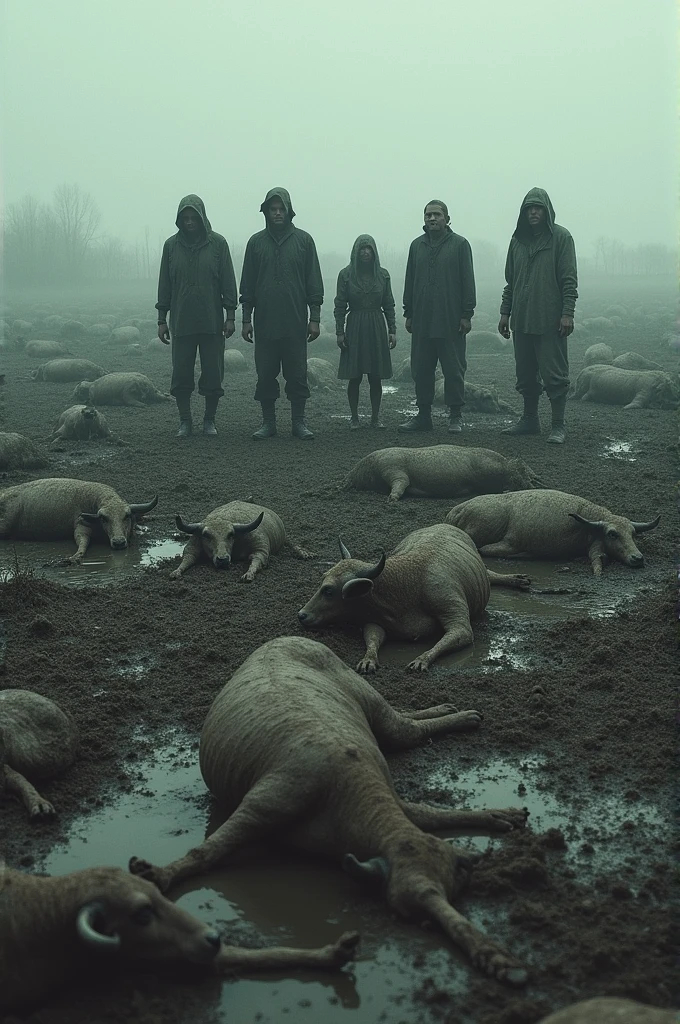 The picture shows a mud field with dead animals scattered in the flood and a group of people standing in the mud.