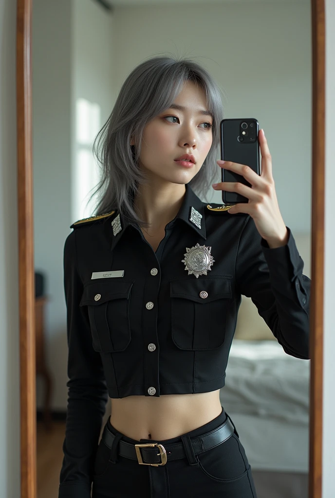 highly detailed, beautiful, hyper Realistic girl, masterpiece, best quality, Depict a mysterious and sophisticated beautiful Japanese gravure model,, 28-years-old, identity hidden, all body shot, / gray arranged hair, small head, Detailed face, cute and Pretty slim face, wide Duck mouth, perfect beautiful Tooth, arranged gray hair, shiny eyes, blue-colored eyes, Realistic skin, Detailed face, / police officer style theme, black crop top with silver medals and badges, fitted slim pants, functional stylish black boots, simple belt and gold accessories, expressing her unique charm and authoritative presence, //// simple white modern single room, mirror, complicated background /// takes a selfie in her room using a smartphone in front of a mirror with one hand, standing and fashion model Posing, all body below shot, looking away from the camera,
