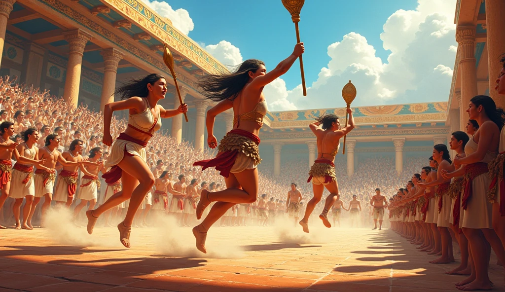 Create a scene of (((Minoan entertainment2))), with participants in competitions and games, such as (((racing or demonstrations of strength2))). Show the energy and [joy of the event1.5], with lively spectators and decorative elements that highlight the importance of competition in Minoan culture.