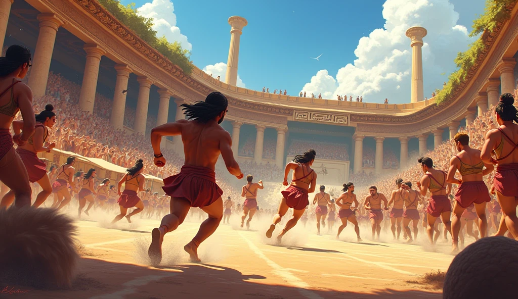 Create a scene of (((Minoan entertainment2))), with participants in competitions and games, such as (((racing or demonstrations of strength2))). Show the energy and [joy of the event1.5], with lively spectators and decorative elements that highlight the importance of competition in Minoan culture.