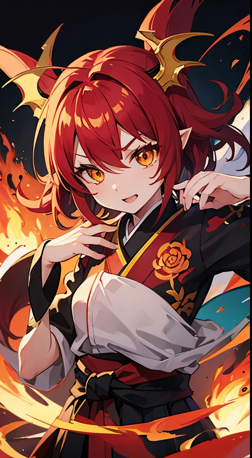 Yokai Dragon With Red Skin And Hair, Yellow Eyes.