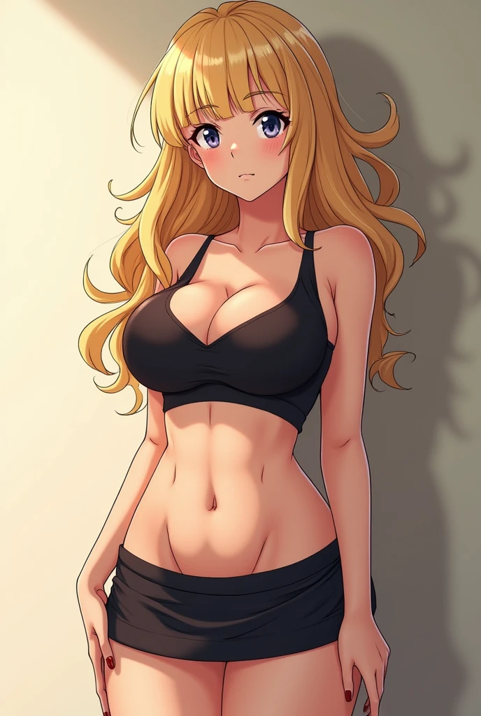 A beautiful anime girl with golden blonde hair and a nervous look. She is wearing a mini baggy crop top which exposes her underboob. She is wearing a mini skirt that is tight. She upper stomach to the beginning of her pelvis area is visible and she is a curvy voluptuous woman with a 180 cm bust and 20 inch waist. Her hips are 170 cm. Her breasts are big in her baggy top and you can see the bump of her nipple on her shirt. Her mini tight skirt on her big buttocks allows you to see the outline of her vagina.