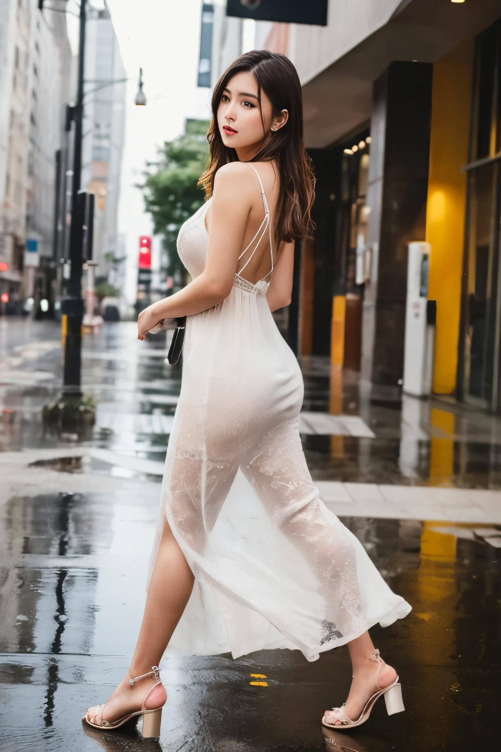 (((masterpiece))), (((Highest quality: 1.4))), ((Super detailed: 1.4)) ,
Woman in maxi dress, turn around, Detailed face, Beautiful Eyes, Walking without noticing the camera, In a city where heavy rain is falling, Wet with rain, Hips,