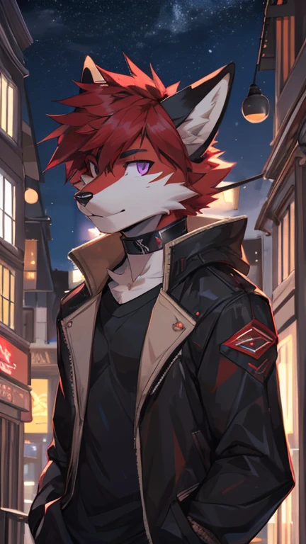(Artist by zackary911, 8k, high quality, detailed eyes and fur, night, residents background), solo, male fox, anthro, red satured fur, red body, male body, purple eyes, black ears, red hair, short hair, hair cover eye, hands white, choker, eyeliner black, beige jacket, black shirt,