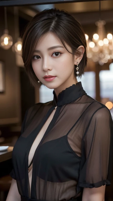 masterpiece, highest quality, Realistic, Very detailed, Finer details, High resolution, 8k wallpaper, One beautiful woman, Wear a black see-through shirt, In a great restaurant, At night, Light brown unkempt short hair, Perfect dynamic composition, Beautiful and beautiful eyes、Big earrings