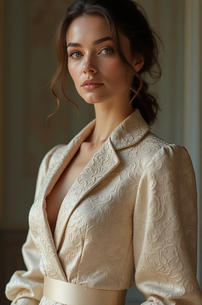 European woman model wearing a skirt and blouse set with fabric with embossed details, elegant and luxurious baroque