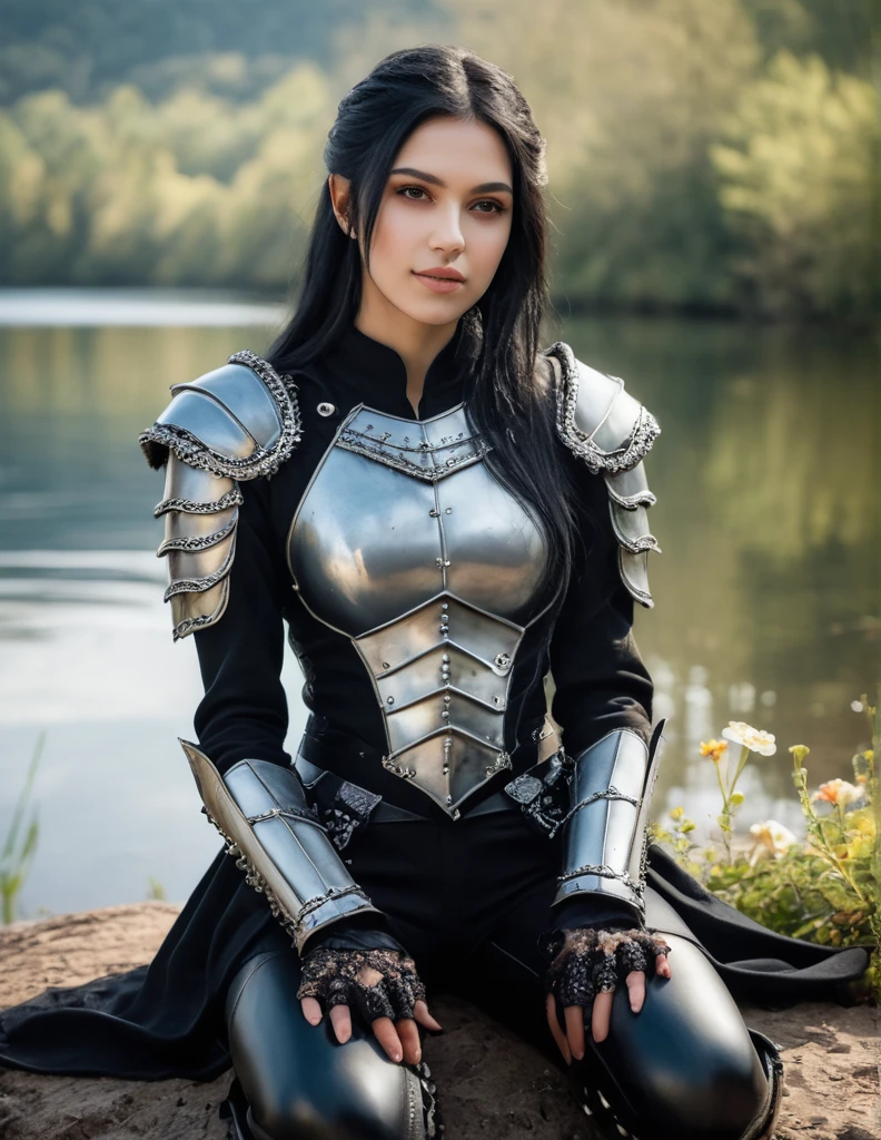 (medium shot, zoomed in upper body:1.3) photo of a, (perfect teeth:1.3)  girl straight angled black hair with grey parts, brown eyes, (tiny breasts:1.3), toned ass, (perfect hands:1.3). She is wearing (leather armor, pants and boots:1.1). She is sitting facing diagonal to camera, in a (gothic fantasy:1.3) lake with flowers and small mushrooms, evening, bright. detailed skin texture, detailed cloth texture, detailed face, (intricate sharp details:1.5), ultra high re