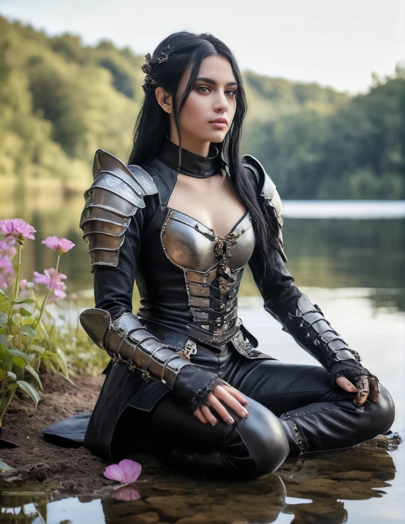 (medium shot, zoomed in upper body:1.3) photo of a, (perfect teeth:1.3) girl straight angled black hair with grey parts, brown eyes, (tiny breasts:1.3), toned ass, (perfect hands:1.3). She is wearing (leather armor, pants and boots:1.1). She is sitting facing diagonal to camera, in a (gothic fantasy:1.3) lake with flowers and small mushrooms, evening, bright. detailed skin texture, detailed cloth texture, detailed face, (intricate sharp details:1.5), ultra high re