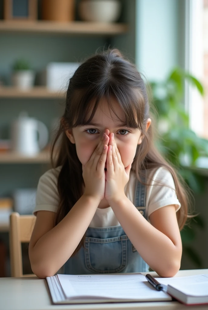 A girl is sitting at her study table. When she gets really angry, she doesn't want to talk, so she is holding her mouth shut to calm herself down. make the image more bright. Make more nice photo. No. Ramain eyes open. Hold ur mouth to shut