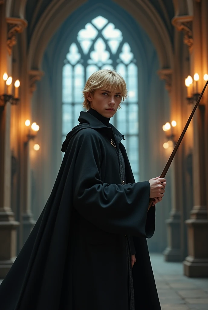 A handsome boy wearing a black cloak and blonde hair holding a 10-inch long wand at Hogwarts School.