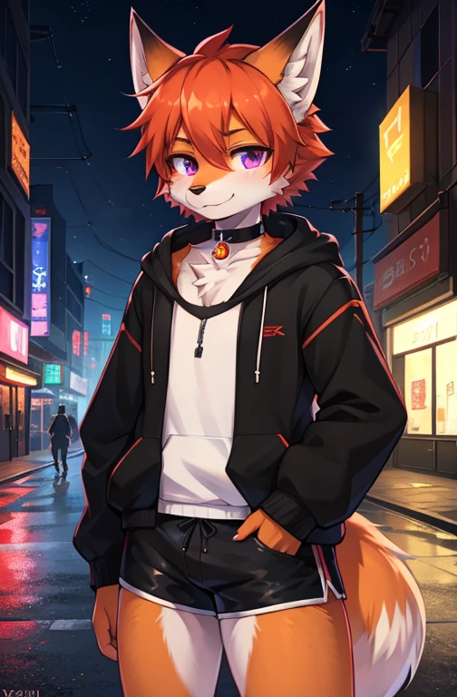 (Artist by zackary911, 8k, high quality, detailed eyes and fur, night, residents background), solo, male fox, anthro, red satured fur, red body, male body, purple eyes, black ears, red hair, short hair, hair cover eye, hands white, choker, eyeliner black, beige jacket, black shirt,Y Anime-style image of a boy standing in the street wearing a hoodie and shorts, Fox Man, Colorful Fox City, Anime Style 4k, Anime boy with orange hair, Fashionably dressed fursona, Anthropomorphic Cyberpunk Fox, artstation pixivでトレンド, On the city streets, Digital anime illustration, In anime style, by Yuumei