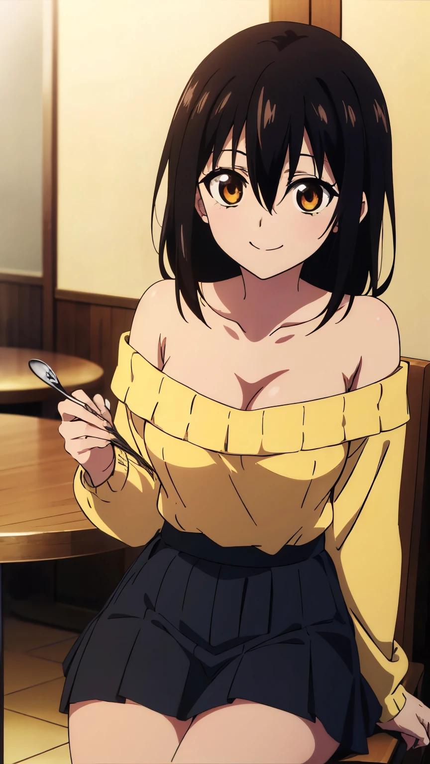 (highest quality, 8k, High resolution, masterpiece:1.2), Anime art style, Hyper Detail, himeragi yukina, Brown eye, Black Hair, Hair between the eyes, Medium Hair, 1 girl, Perfect Face, eye_Light_big,Small medium breast, Soft impression, alone, (long sleeve off-shoulder light yellow sweater, black halterneck camisole, black pleated mini skirt, Cafe, parfait, table, sitting on chair, smiling), Cowboy Shot, dutch angle,