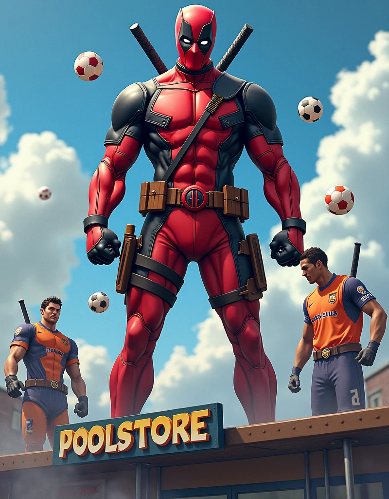Deadpool man Above a name Poolstore In the background with goku black, Vegeta,
Cr7 messi ball haland
