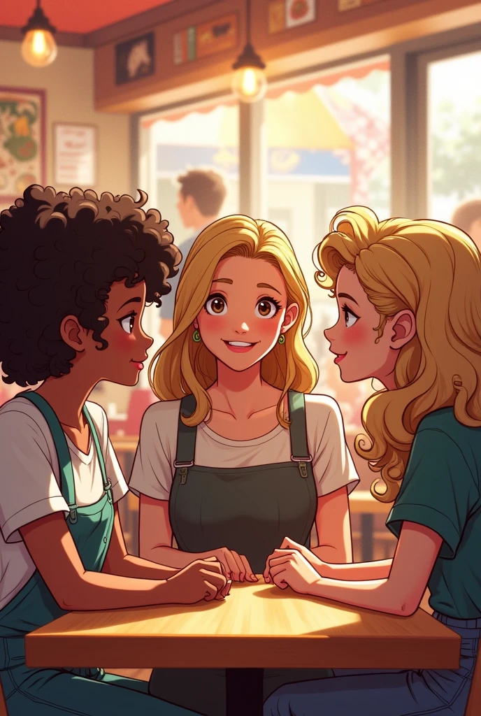 Drawing of a teenage girl with short, curly hair and a teenage girl with long, curly hair interviewing a blonde adult woman in a pizzeria.