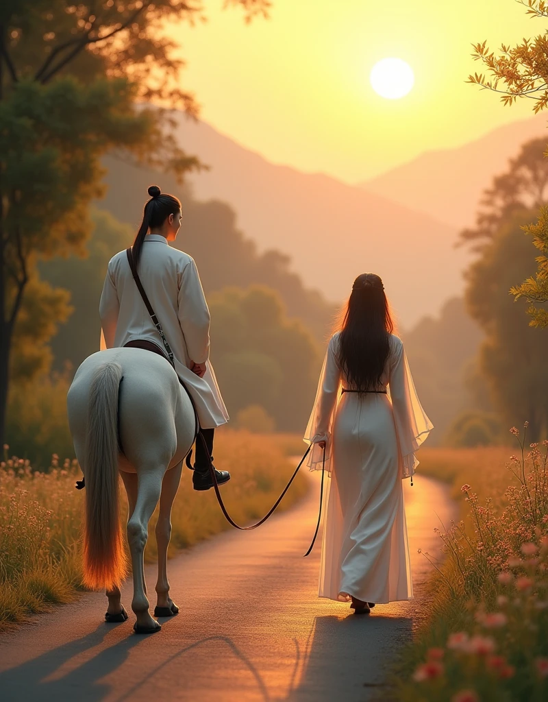 a personable gentleman,Aged between 20 and 2,Inspired by Chinese TV series《Lotus Tower》Li Lianhua in,Deep love for women hidden in my heart,But never said it。He has been silently by her side for many years,Dressed in white,Holding a white horse in hand,Show elegance and calmness。in the screen,The man walks slowly towards the camera,And far behind him,The woman still has her back to him,Look into the distance,Lost in thought。The man approaches the camera while,His expression showed a hint of helplessness and relief,Finally choose to leave,Because he understands that the woman's deep love is still waiting for that old friend。He knows that he has no destiny in this life,Only the next life will continue。
The background is set on a quiet mountain road,The afterglow of the setting sun dyes the entire scene with golden light and shadow。The light is real and warm,The mountains in the distance and the remaining clouds on the horizon look and beautiful。The path is lined with low bamboo forests and scattered wild flowers.,blowing with the evening wind,The texture and real details of bamboo leaves and wildflowers are clearly visible。The entire screen presents unparalleled resolution,Details remain clear and realistic even when zoomed in,Make this image look great on the big screen or up close,All display stunning picture quality。
The background and atmosphere should reflect his quiet guardianship and silent farewell。