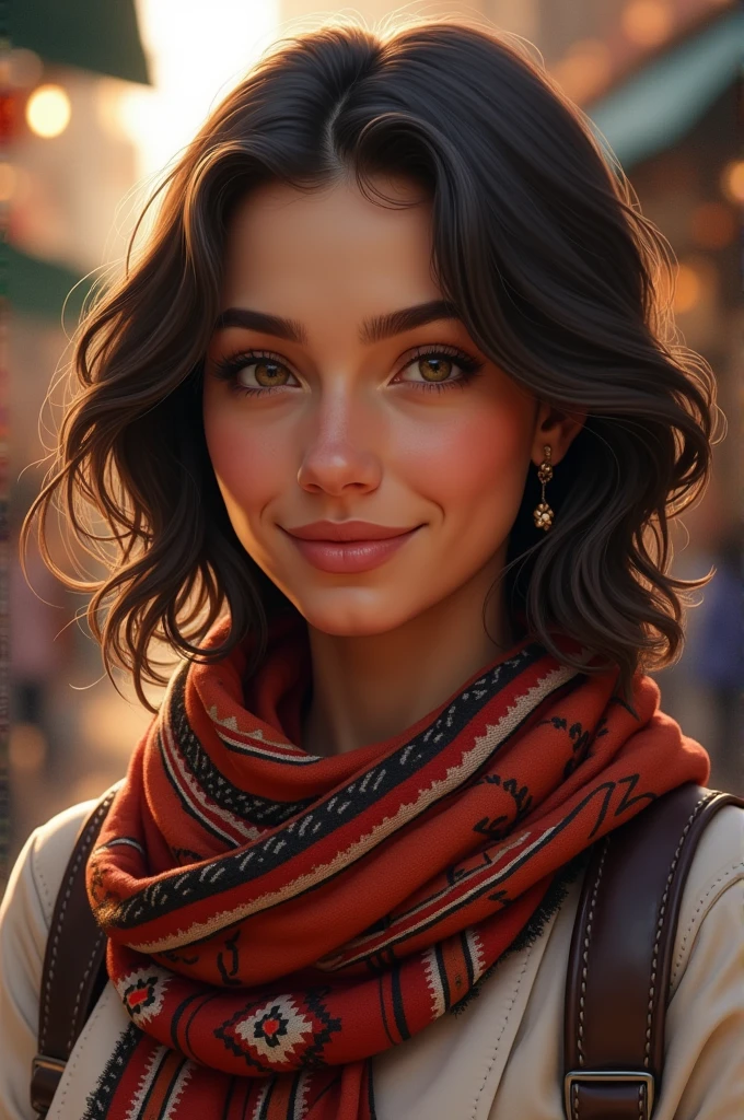 A beautiful young woman of mixed French and Bolivian heritage. She has light brown skin with a warm, sun-kissed tone, and wavy, dark brown hair that falls just below her shoulders. Her eyes are a striking hazel with a touch of green, reflecting both her European and Andean roots. She has a soft, oval face with high cheekbones, a delicate nose, and a warm, inviting smile. She’s wearing a colorful, traditional Bolivian textile scarf over a casual, modern outfit, blending both cultures seamlessly. The background shows a vibrant market scene with a mix of French and Bolivian elements, face profile, front on thé camera.