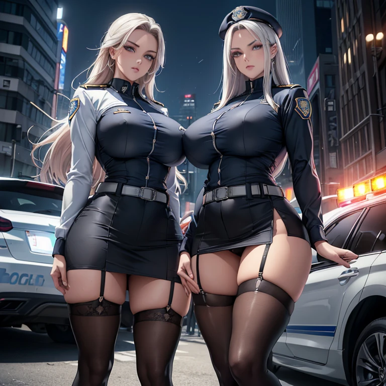 (Cool female police officer.Well-proportioned face.Beautiful white skin.Tall.Very muscular and slender body.Beautiful six pack abs.Big eyes.White Hair.Boyish long hair with a center part.I can see your forehead.Beautiful Blue Eyes.Heavy eye makeup.Dark lipstick.Tight waist.Very large breasts.Very large breastsの谷間.Beautiful light pink areola.Glowing skin).(Tight-fitting uniform.The button is open and the chest is exposed..Clothes are see-through and nipples are visible.Tight Skirt.Long boots with black belts.I have a lot of piercings.stockings.garter belt.Uniform cap).(2 Beauty.Futuristic City.Walking through the town at midnight.Police car.the two of them.Holding a notebook in one hand.Serious expression.The eyes are narrowed)Perfect Face.Accurate human body.Accurate 5 fingers.High resolution.It's dynamic.Full body image