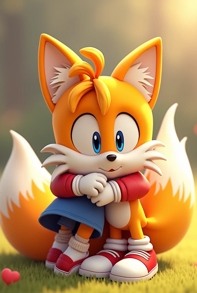 Tails hugging a kid with his shoes and gloves on