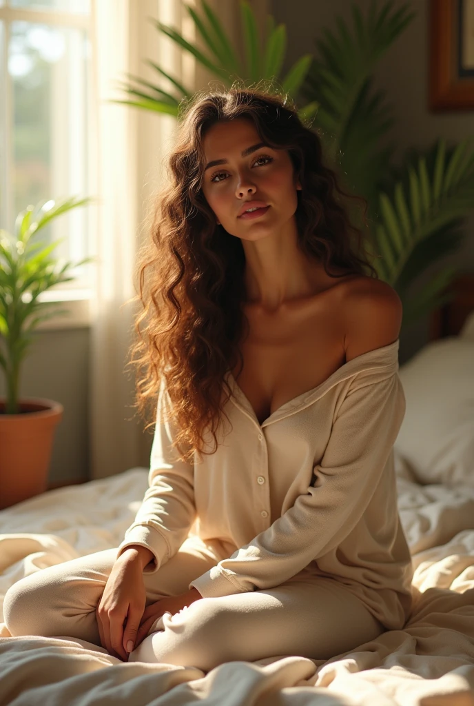 (photorealism:1.2), beautiful woman, sitting on bed, wearing loose off-shoulder top, pajama pants, long curly hair, indoors, soft lighting, plants in background, window with sunlight, cozy room, relaxed pose, realistic, intricate details, warm colors, by Greg Rutkowski, by Alphonse Mucha