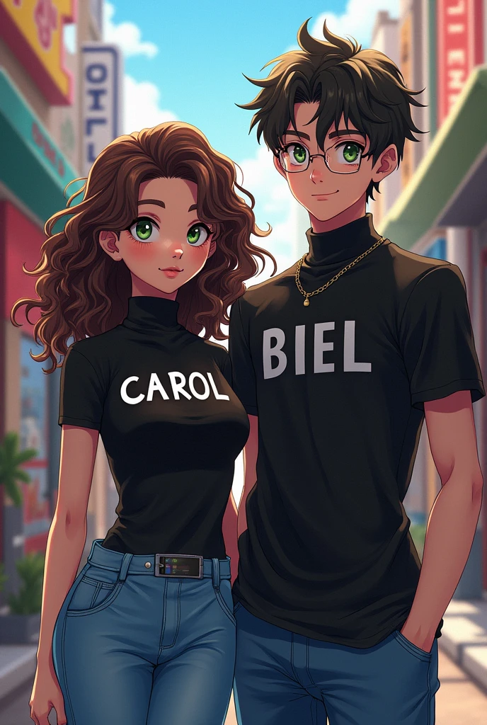 Characters couple black turtleneck shirt with the name Biel and Carol in capital letters girl the brunette curly hair the white man with green eyes blue jeans anime theme