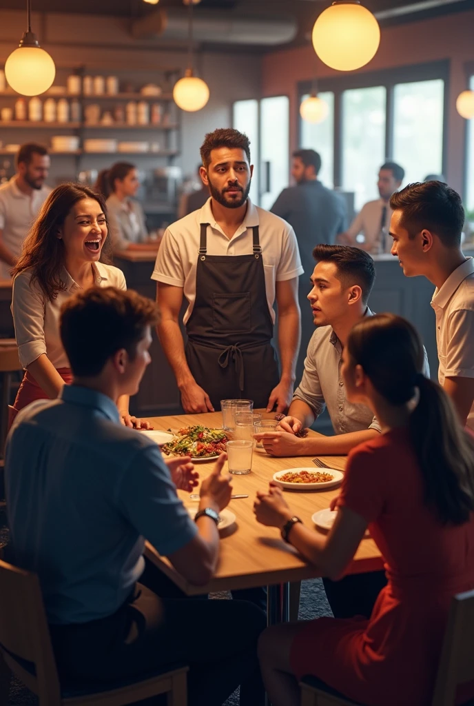 infront there's a women customer wearing dress sitting in restaurant complaining angry to a waiter wearing apron in the back of them there's a cashier wearing white polo and a apron and a men customer complaining angry in the cashier staff and beside them there's a customer complaining to a manager wearing suit of blue, they are all see in the picture 