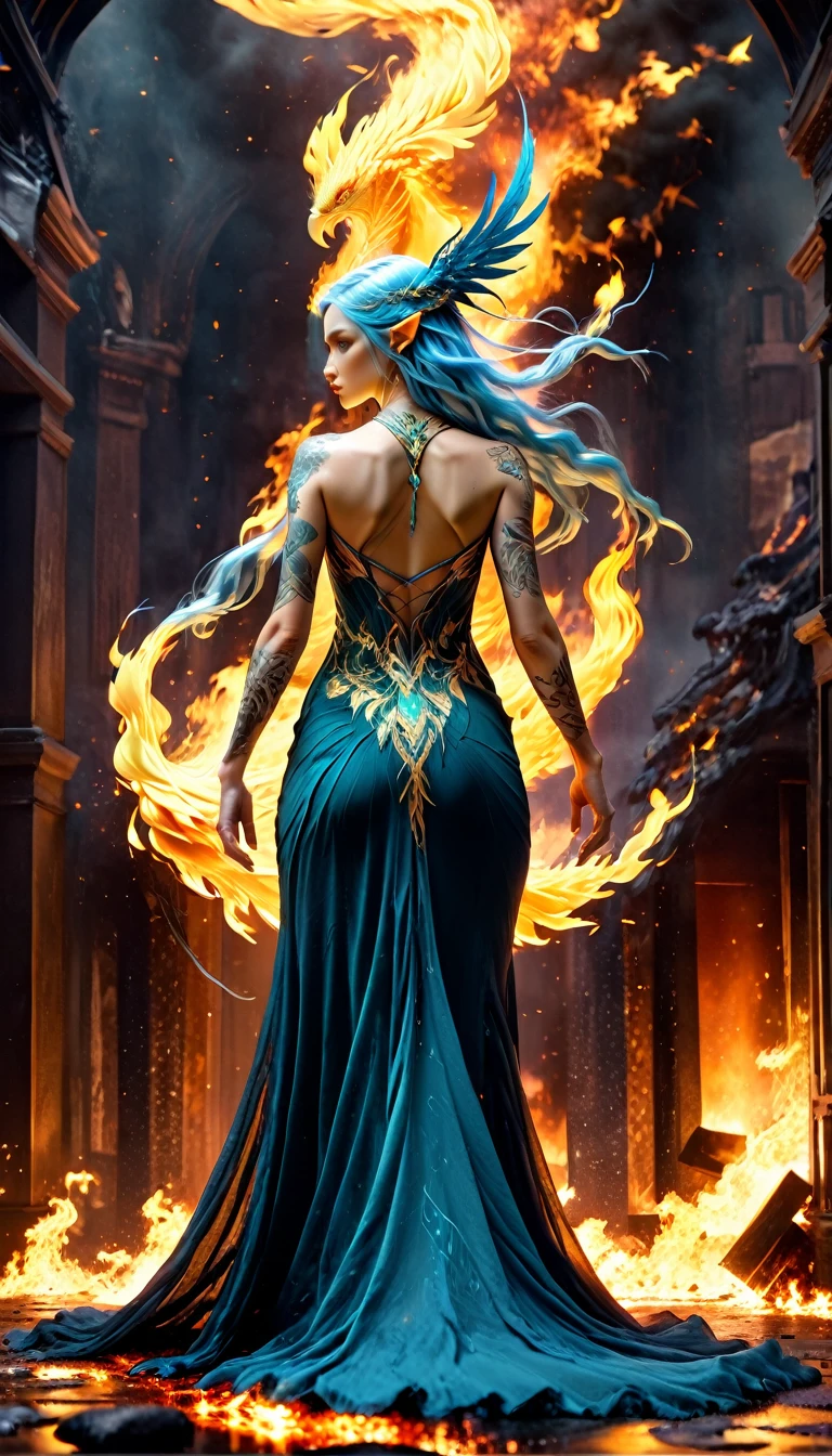 watercolor art, fantasy art, goth art, a picture of a tattoo on the back of a female elf, a glowing tattoo of a ((phoenix: 1.3)) on the elf's back, the ((phoenix tattoo)) is vivid, intricate detailed coming to life from the ink to real life, ((fire surrounds the phoenix: 1.5)), shoot taken from the back, ((the back is visible: 1.3), a most beautiful elf, exquisite beauty, small pointed ears, long hair, she wears a transparent black dress, the dress is elegant, flowing, elven style, that the tattoos glow, blue hair color, dynamic hair style, art by mooncryptowow
