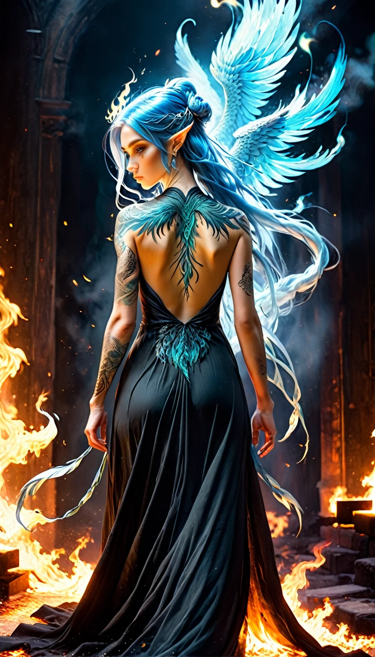 watercolor art, fantasy art, goth art, a picture of a tattoo on the back of a female elf, a glowing tattoo of a ((phoenix: 1.3)) on the elf's back, the ((phoenix tattoo)) is vivid, intricate detailed coming to life from the ink to real life, ((fire surrounds the phoenix: 1.5)), shoot taken from the back, ((the back is visible: 1.3), a most beautiful elf, exquisite beauty, small pointed ears, long hair,  she wears a transparent black dress, the dress is elegant, flowing, elven style, that the tattoos glow, blue hair color, dynamic hair style, art by mooncryptowow