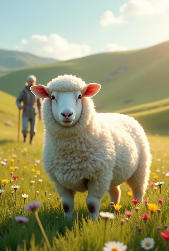 Generate an ultra realistic 8k full hd image of a white sheep in a field with flowers and grass with a shepherd watching it from afar  