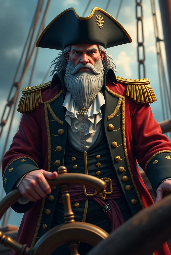 (best quality,4k,8k,highres,masterpiece:1.2),ultra-detailed,(realistic,3D Anime,Anime 3D:1.37),highly detailed portrait of a male pirate admiral, imposing figure standing at the helm of a grand sailing ship, ornate uniform with gold epaulets, weathered face with piercing eyes, long beard, tricorn hat, dramatic lighting, moody atmospheric background, vivid colors, cinematic composition