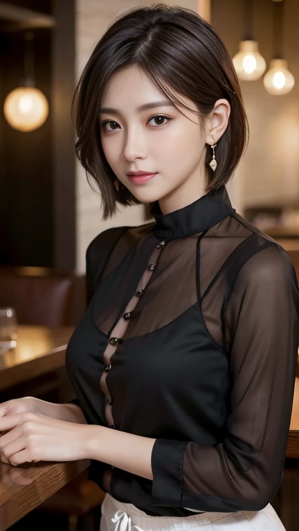 masterpiece, highest quality, Realistic, Very detailed, Finer details, High resolution, 8k wallpaper, One beautiful woman, Wear a black see-through shirt, In a great restaurant, At night, Light brown unkempt short hair, Perfect dynamic composition, Beautiful and beautiful eyes、Big earrings