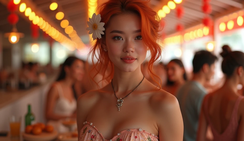 (photo of female citizen:1.3) an ultra hot gorgeous European woman. age 23.solo, large breasts, looking at viewer, smile, hair ornament, cleavage, dress, bare shoulders, jewelry, collarbone, upper body, red hair, flower, teeth, solo focus, hair flower, necklace, blurry, strapless,  depth of field, blurry background, (realistic:1.3) crowd, (in a milk bar:1.1), 8k, cinematic, fantasy