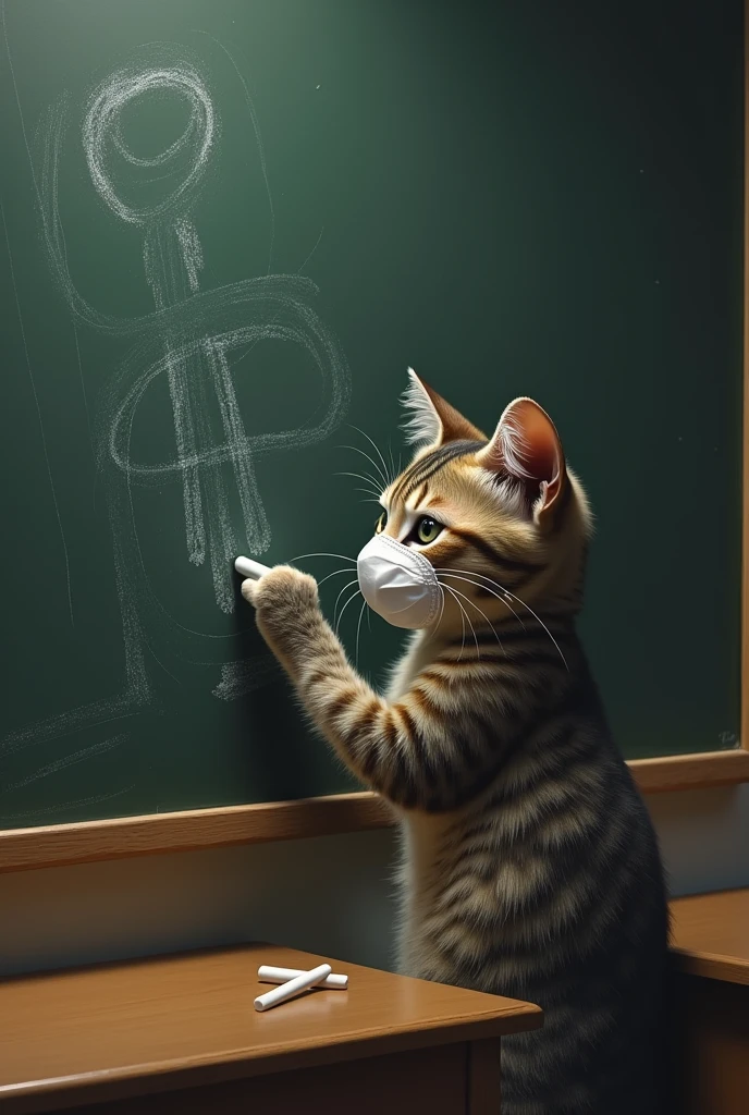Cat wearing a mask writing on a blackboard