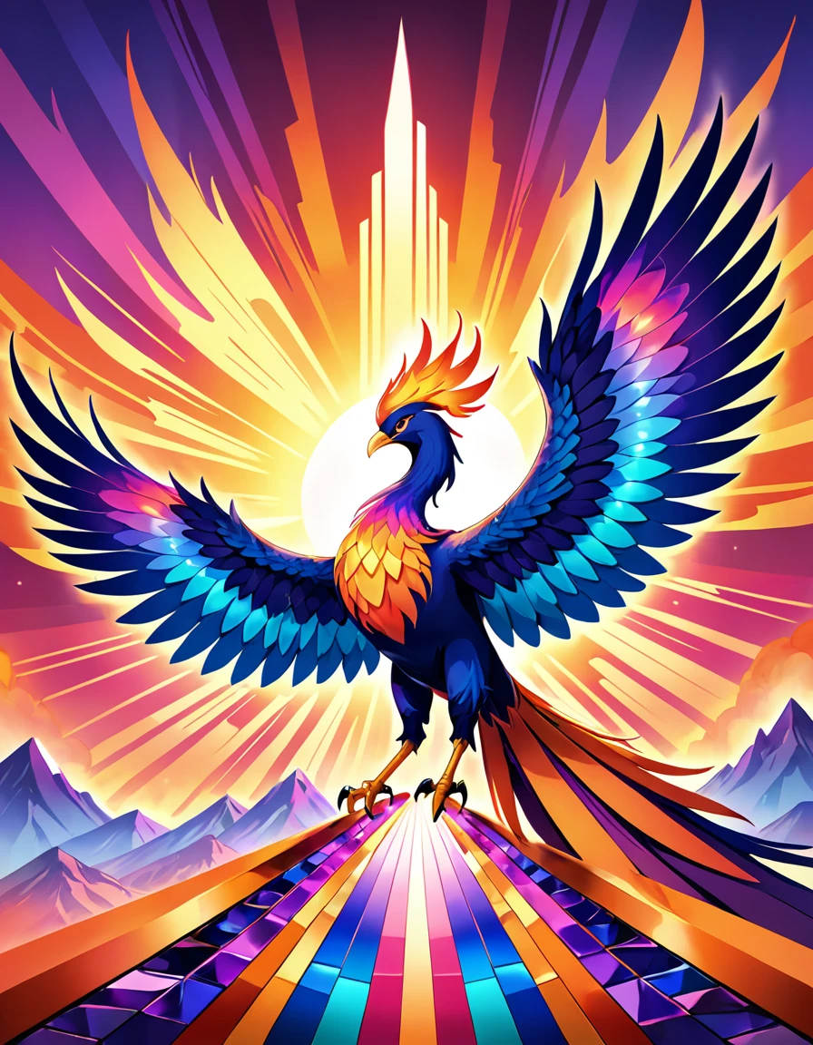 A fiery phoenix rises from the ashes, set against a vibrant, gradient-filled sky with hues of orange, pink, and purple. The flame's warm glow illuminates its majestic form, as if reflected in a histogram of vibrant colors. Against this kaleidoscope backdrop, the phoenix's scales glisten like gemstones, ImgFixerPre0.3