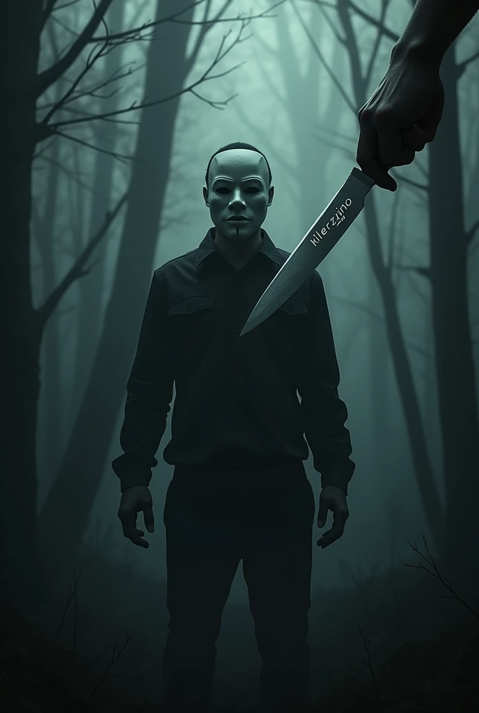 make an image of a dark forest with a man with the panic mask of everyone in Panic and a ministerial hand holding a knife with the word killerzinho written on it 
