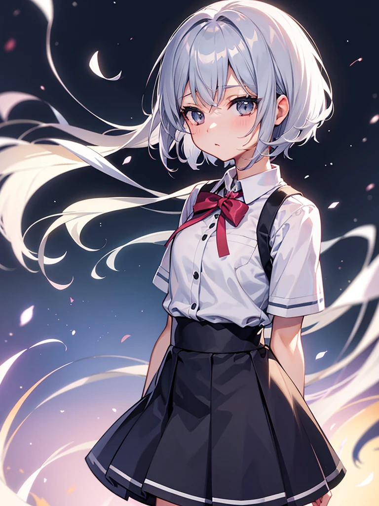 solo, Female, Manga, Japanese, Anime, Pastel, silver hair, short cut, high school girl, uniform, ((tareme))