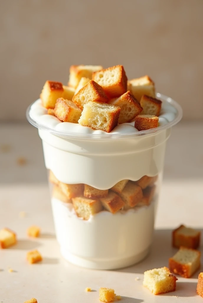 Crushed bread pieces with white yogurt in a plastic cup.
