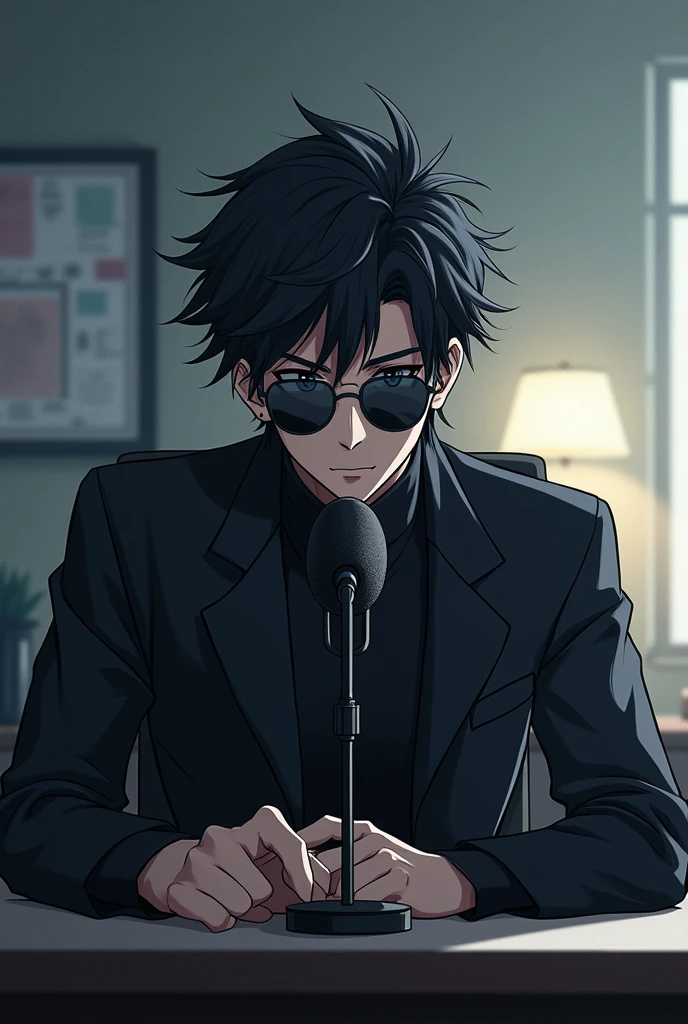 A picture of an anime guy wearing sunglasses and a mask, sitting at a desk, talking into a microphone and looking at the viewer as if he is telling a story.