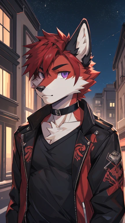 (Artist by zackary911, 8k, high quality, detailed eyes and fur, night, residents background), solo, male fox, anthro, red satured fur, red body, male body, purple eyes, black ears, red hair, short hair, hair cover eye, hands white, choker, eyeliner black, beige jacket, black shirt,