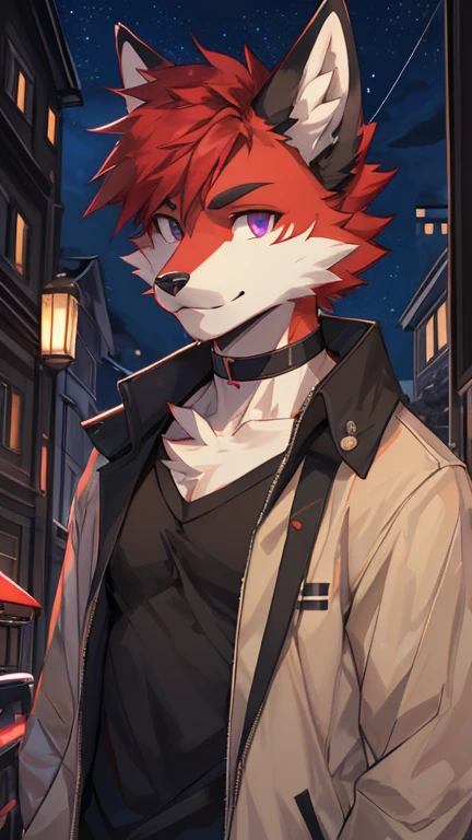 (Artist by zackary911, 8k, high quality, detailed eyes and fur, night, residents background), solo, male fox, anthro, red satured fur, red body, male body, purple eyes, black ears, red hair, short hair, hair cover eye, hands white, choker, eyeliner black, beige jacket, black shirt,