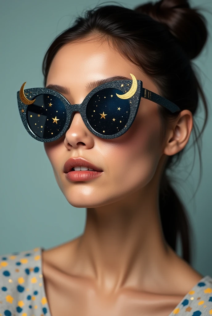 The model is wearing glass sunglasses with stars and the moon on the glass