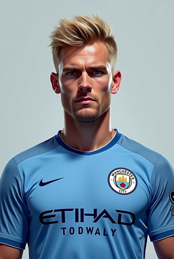Erling haaland with short blonde hair in mancity jersey
It's to serious