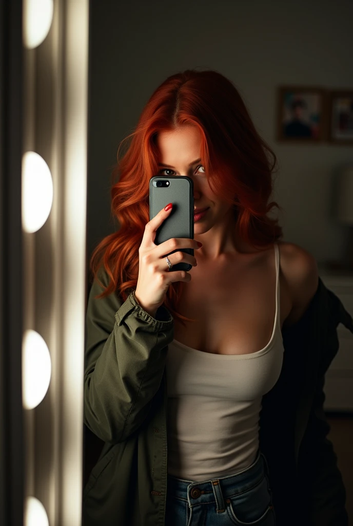 Photo d'une jeune fille redhead prenant un selfie dans sa chambre, striking a very sexy pose with her phone in front of her mirror. She completely hides her face. Elle est de corpulence moyenne. Le miroir est équipé de LED blanches. She is dressed. She is wearing a t-shirt and a jacket. 
