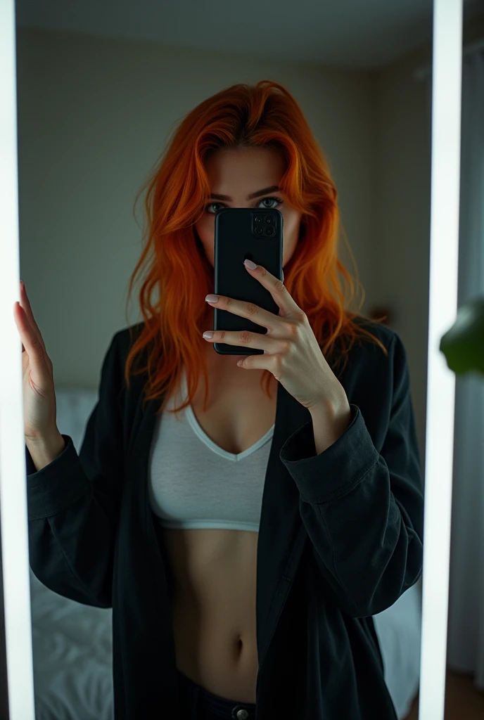 Photo d'une jeune fille redhead prenant un selfie dans sa chambre, striking a very sexy pose with her phone in front of her mirror. She completely hides her face. Elle est de corpulence moyenne. Le miroir est équipé de LED blanches. She is dressed. She is wearing a t-shirt and a jacket. 